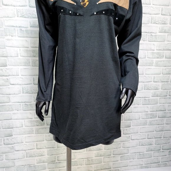 Vintage 80s Womens M Black Dolman Sleeve Side Slit Tunic Tee Animal Applique - Picture 3 of 8